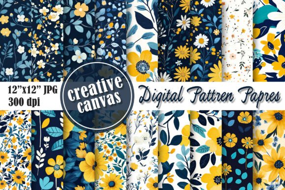 Download Yellow Blue Floral Digital Paper Bundle - Digital paper Collection