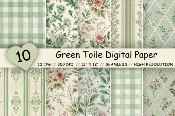 Download Green Toile Digital Paper Pack, Vintage - Digital paper Collection